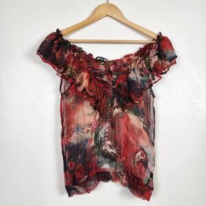 Ya Da 100% Silk Sheer Floral Blouse Ruffle Fairy Grunge Whimsigoth Top Y2K M